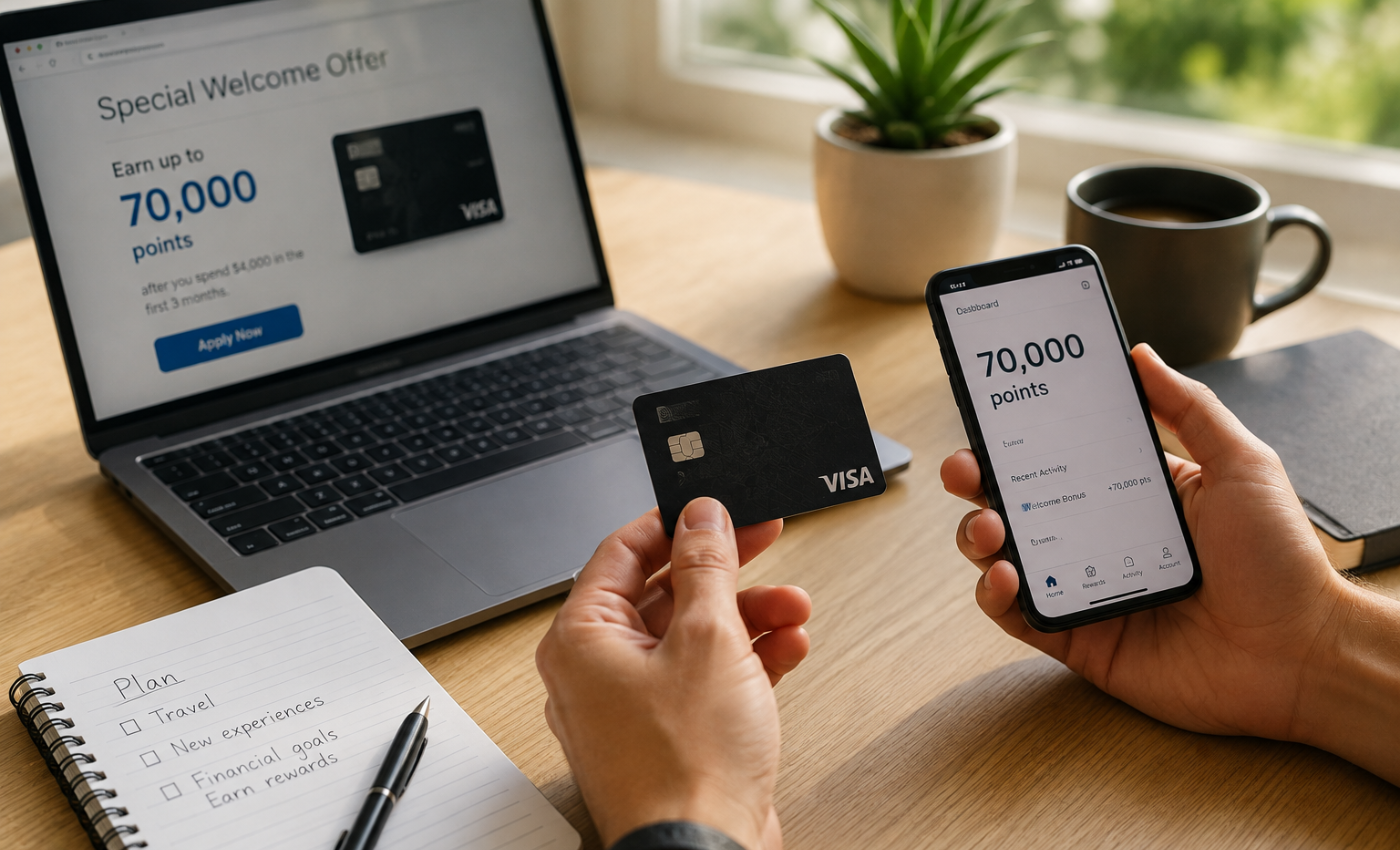 A person comparing a credit card's special welcome offer of up to 70,000 points on a laptop against a phone showing their rewards dashboard with 70,000 points credited, representing welcome bonus offers on Canadian credit cards