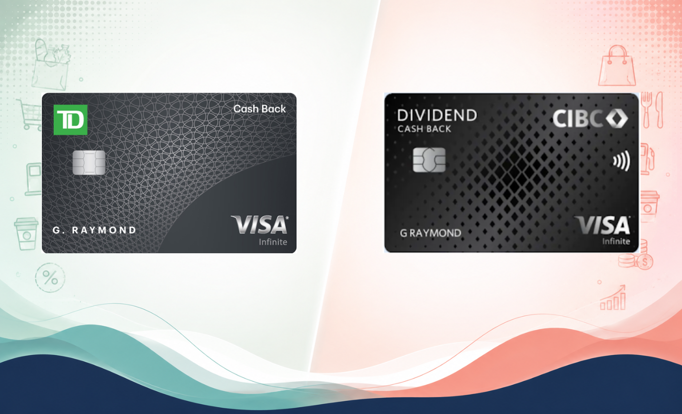 Side-by-side comparison of the TD Cash Back Visa Infinite and CIBC Dividend Visa Infinite cashback credit cards, representing the two cards compared in this article