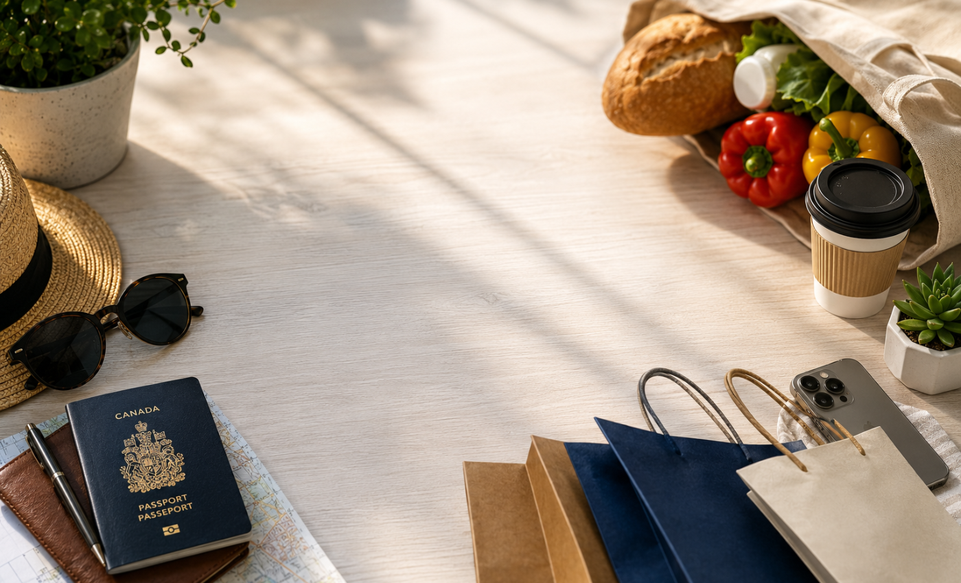 A flat lay of travel and everyday essentials — passport, sunglasses, sun hat, a bag of groceries, coffee, and shopping bags — representing the everyday spending categories rewarded by Aeroplan, Scene+, and Blue Rewards points programs