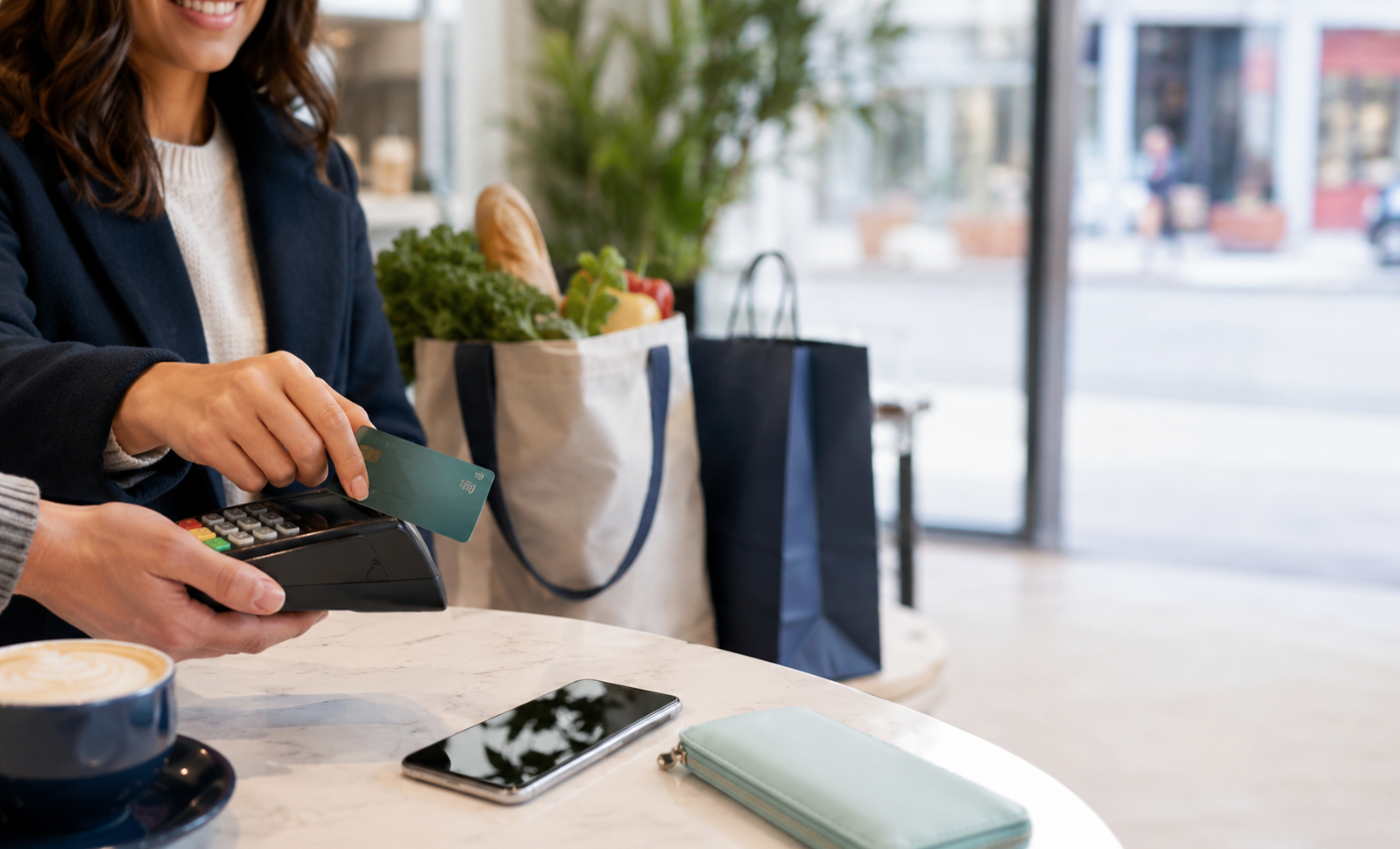 A woman tapping a rewards credit card on a payment terminal at a café table with groceries, a coffee, and a wallet nearby, representing everyday purchases that earn points with the best rewards credit cards in Canada for 2026