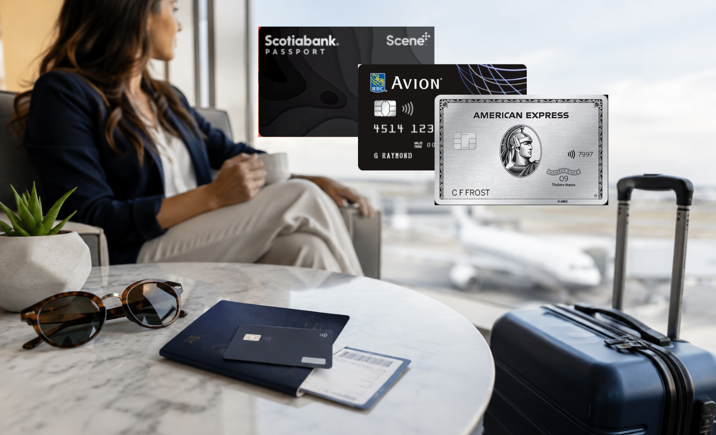 A woman relaxing in an airport lounge with a suitcase, sunglasses, and boarding pass nearby, with the Scotiabank Passport Visa Infinite, RBC Avion Visa Infinite, and American Express cards layered on top, representing the top travel credit cards in Canada for 2026