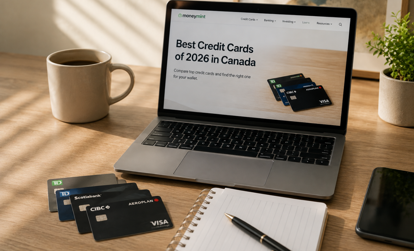 A laptop displaying the MoneyMint 'Best Credit Cards of 2026 in Canada' comparison page, next to TD, Scotiabank, CIBC, and Aeroplan Visa credit cards on a desk, representing the top credit card options in Canada for 2026