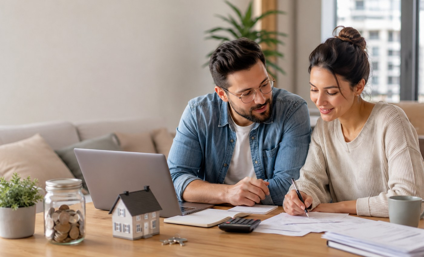 Couple sitting at a table with a laptop, calculator, small house model, and jar of coins, representing saving for a first home with an FHSA.