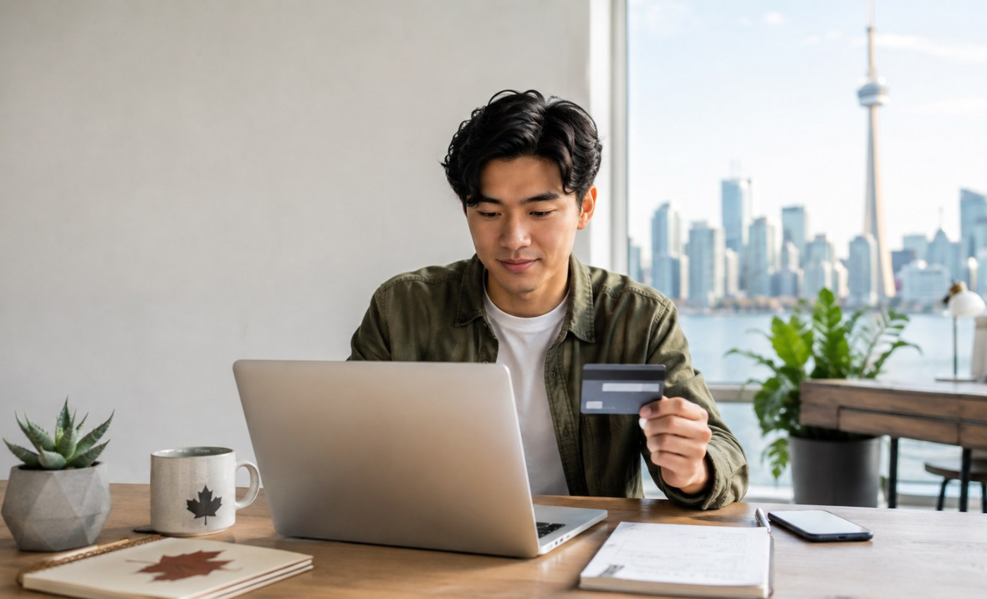 Man sitting at a laptop in a Toronto condo, holding a credit card while reviewing his finances