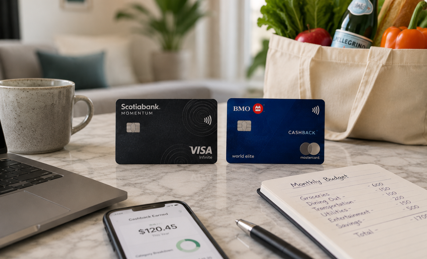 The Scotiabank Momentum Visa Infinite and BMO CashBack World Elite Mastercard displayed on a kitchen counter next to a phone showing cashback earned and a monthly budget notebook, representing the two cashback credit cards compared in this article