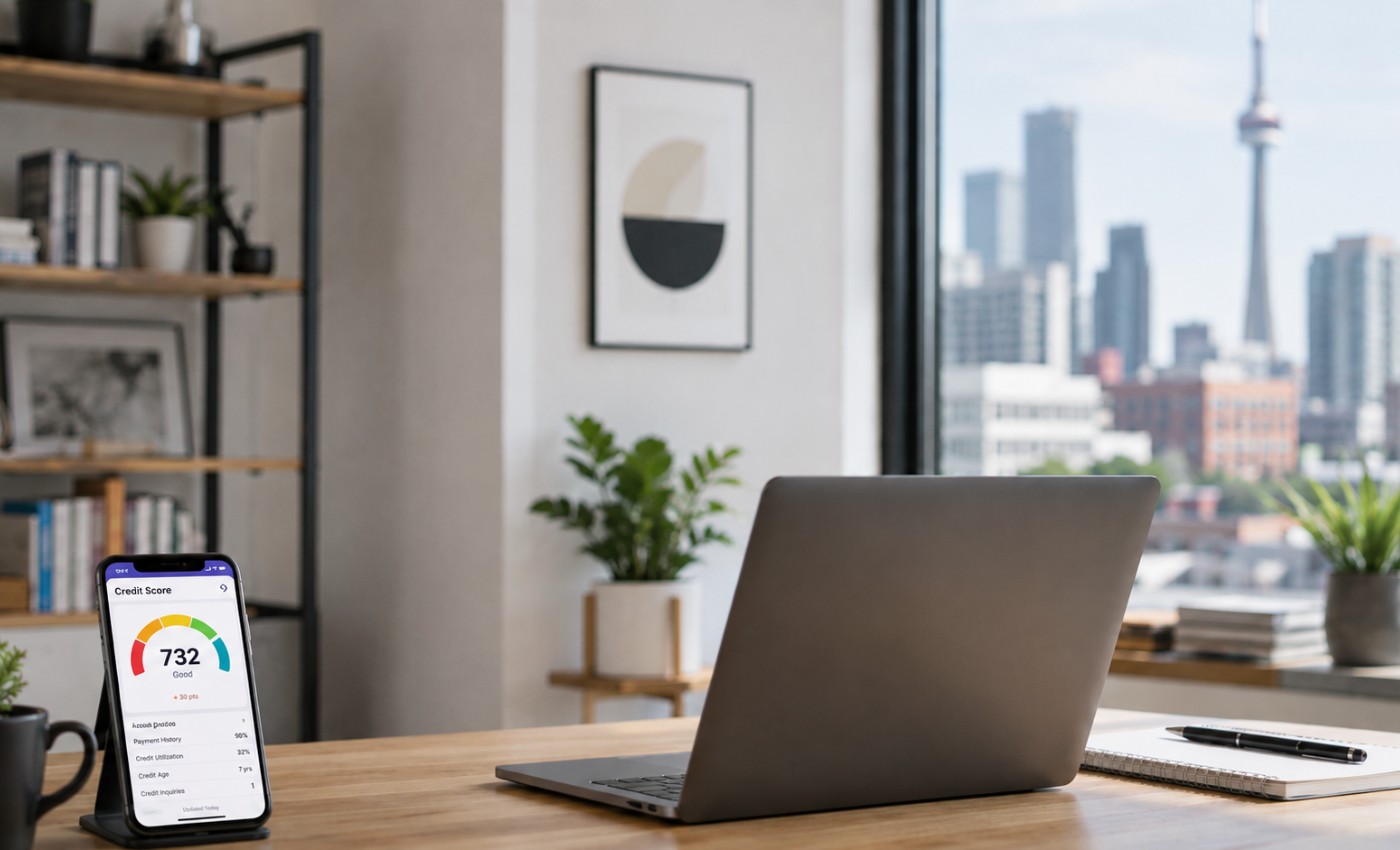 Laptop and phone on a home office desk in a Toronto condo, with the phone showing a credit score app displaying a score of 732