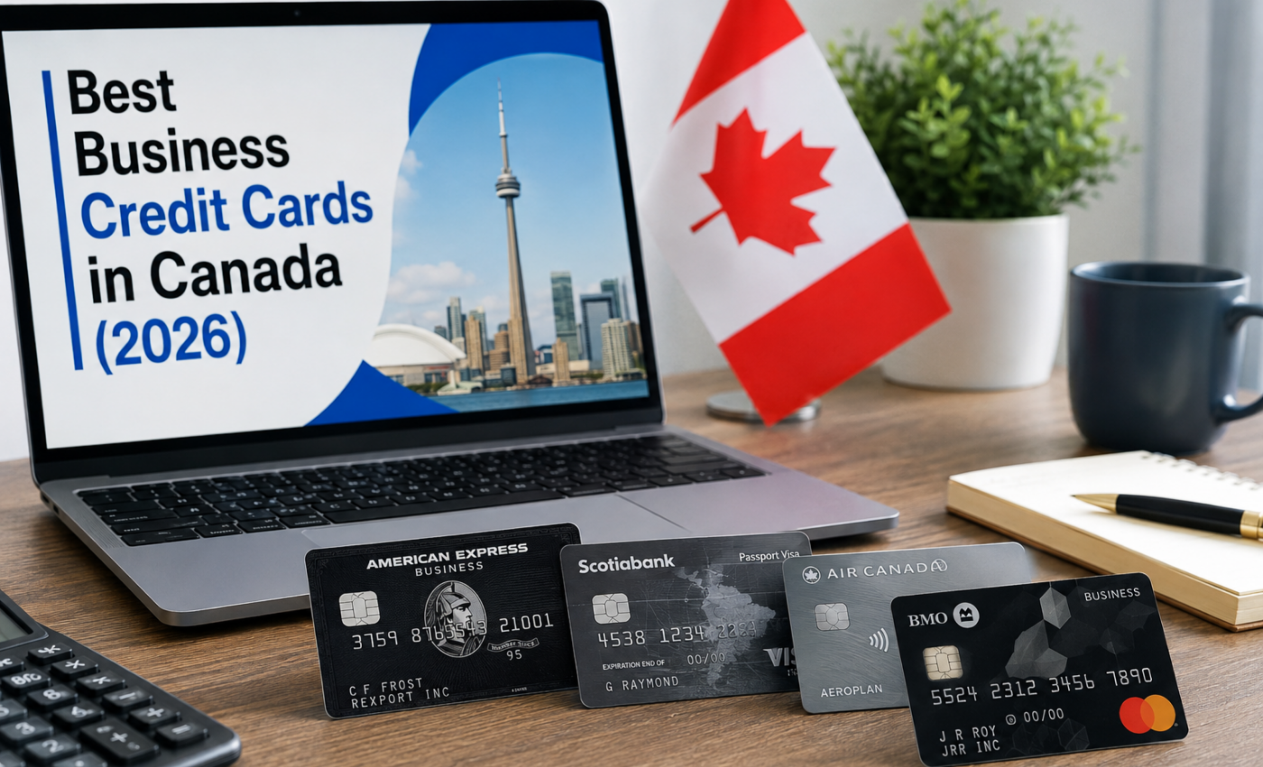 Laptop displaying a "Best Business Credit Cards in Canada (2026)" title graphic with the Toronto skyline, next to a Canadian flag and a fan of business credit cards from American Express, Scotiabank, Air Canada, and BMO