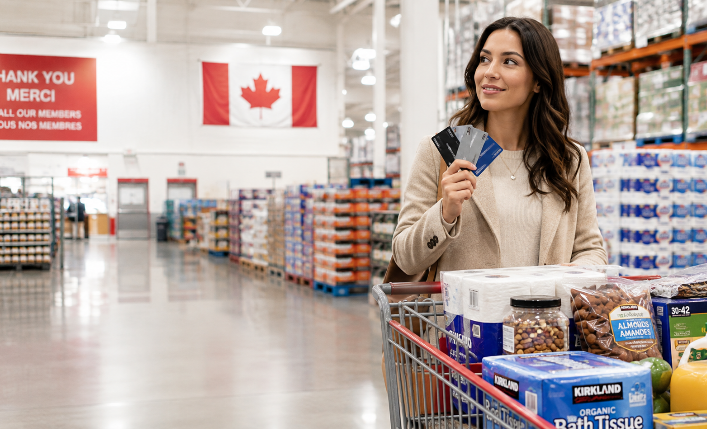 Woman with a Costco shopping cart holding two credit cards inside a Costco warehouse in Canada, with a Canadian flag and Kirkland Signature products visible