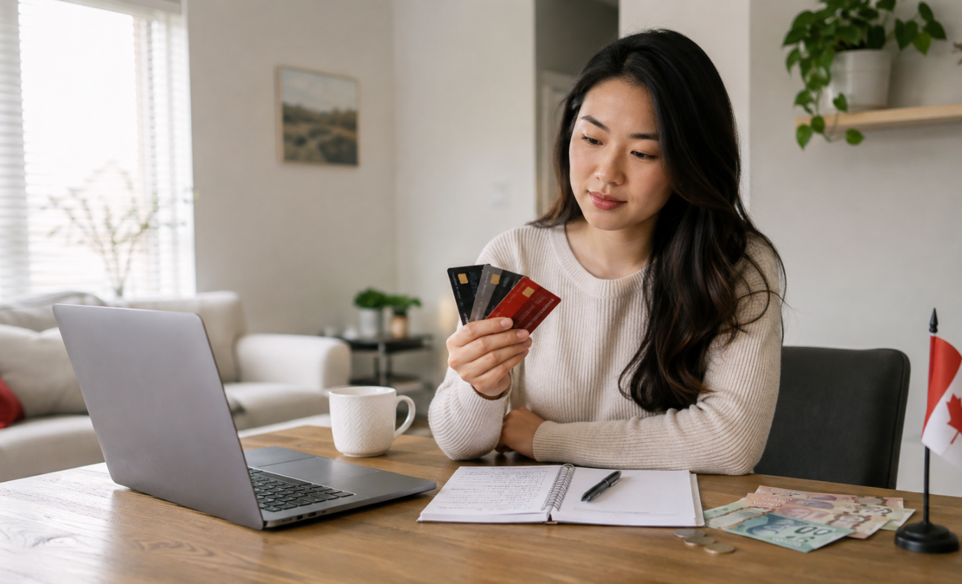 Woman sitting at a laptop holding several credit cards, with a notebook, Canadian dollar bills, and a small Canadian flag on the desk, representing choosing a credit card at a $60,000 income level