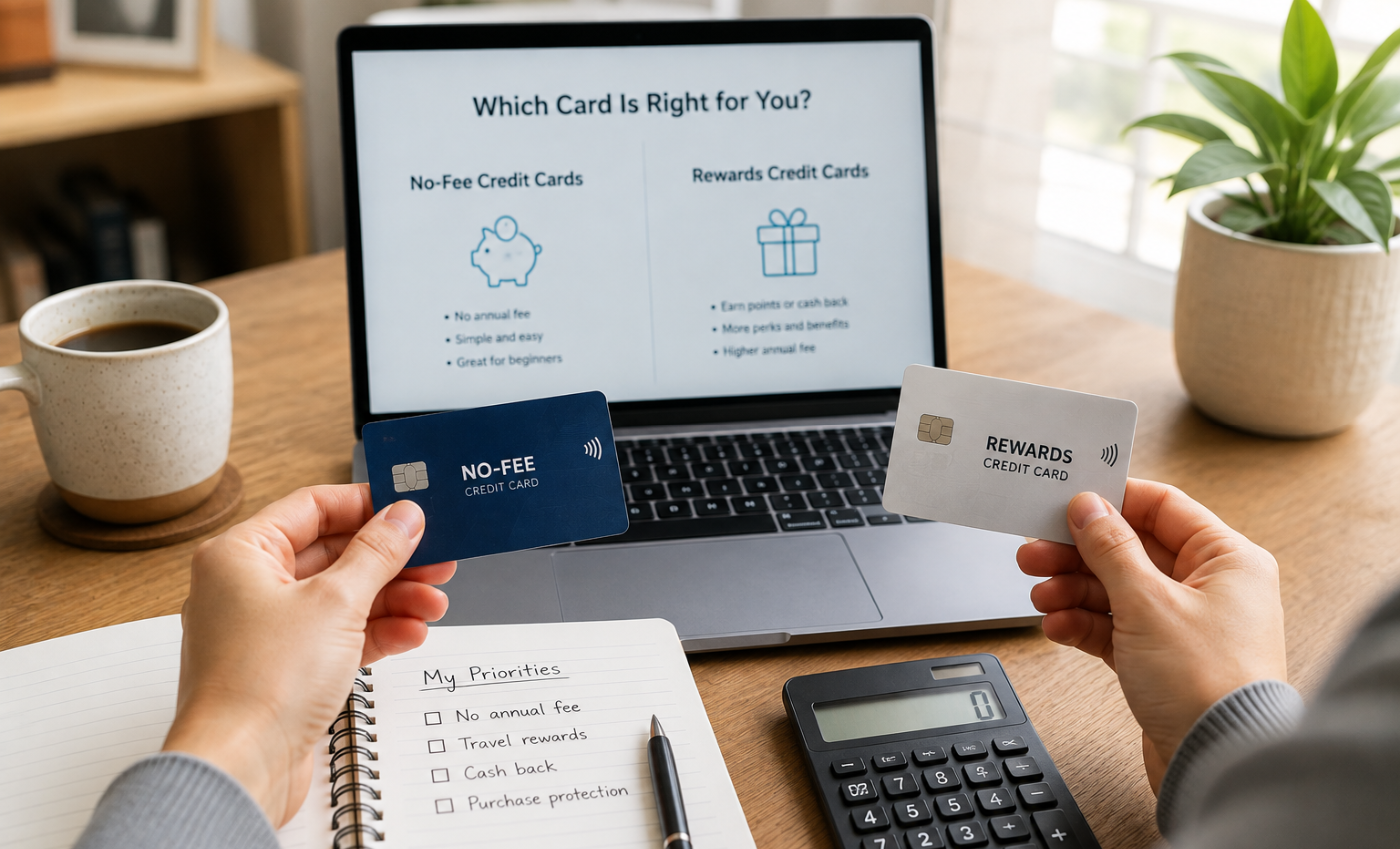 A person comparing a no-fee credit card and a rewards credit card while looking at a laptop screen titled 'Which Card Is Right for You?', with a priorities checklist and calculator nearby, representing the choice between no-fee and rewards credit cards