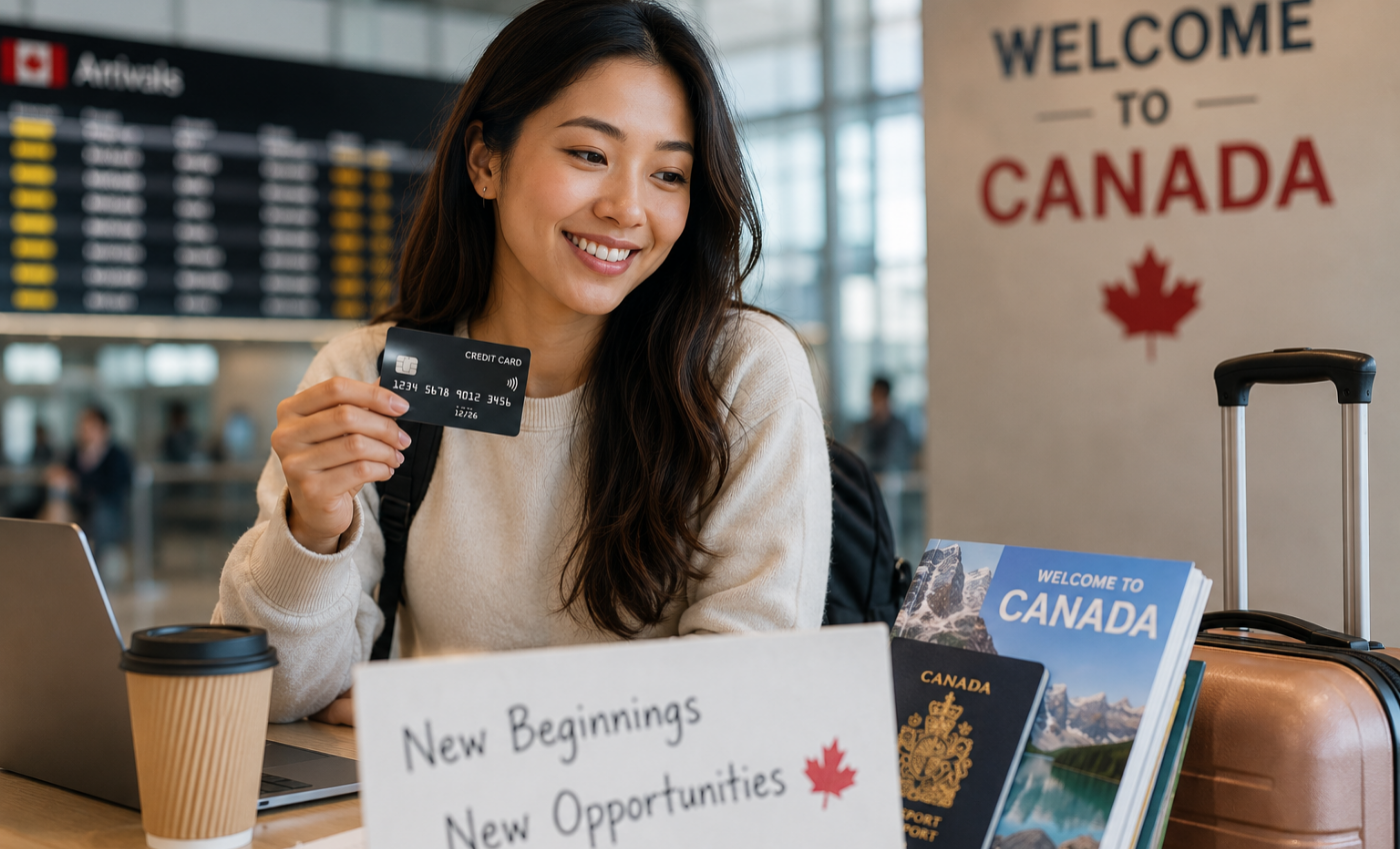 Smiling woman at the airport holding a credit card next to a "Welcome to Canada" sign, with a passport, Canada travel guide, and luggage nearby, representing a newcomer applying for a credit card in Canada