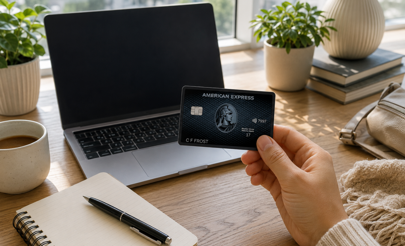 Hand holding an American Express Cobalt Card next to a laptop, coffee, and notebook on a desk, representing evaluating whether the Amex Cobalt Card is worth its annual fee