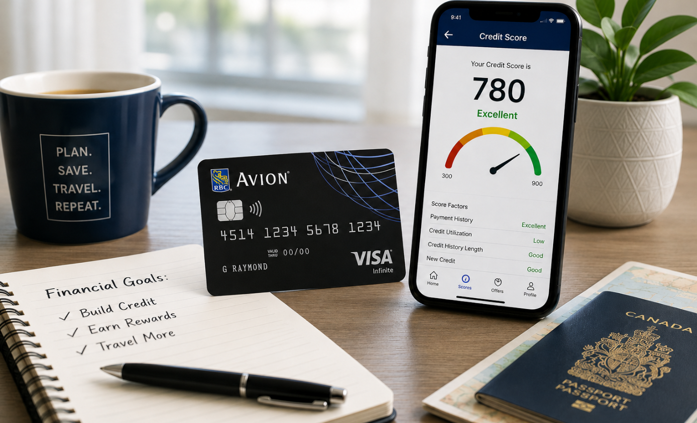 RBC Avion Visa Infinite card next to a phone showing a credit score app with a score of 780 (Excellent), plus a mug, notebook with financial goals, and a Canadian passport, representing checking your credit score before applying for the RBC Avion card
