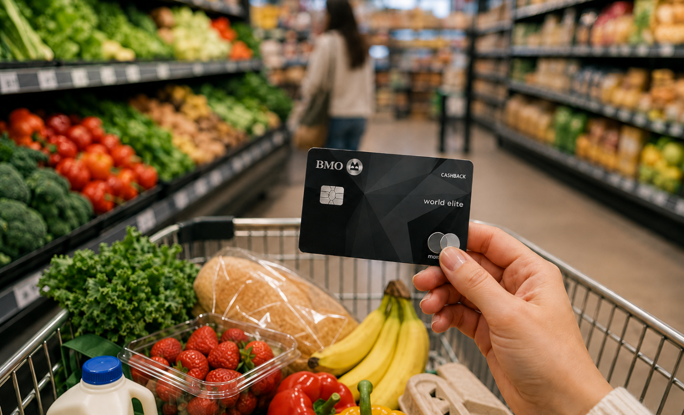 Hand holding a BMO CashBack World Elite Mastercard over a shopping cart full of groceries, representing earning cash back on grocery purchases in Canada