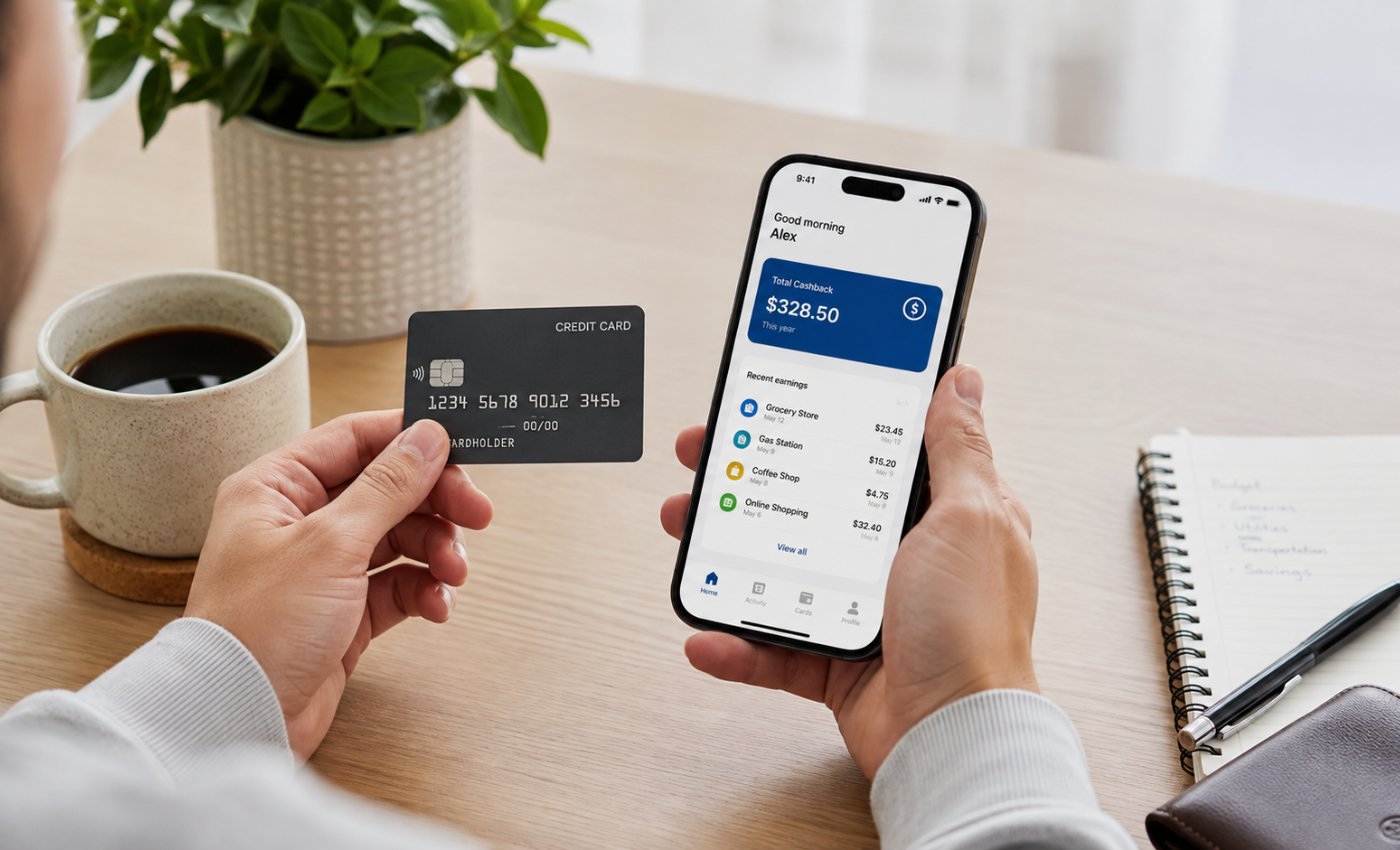 Person holding a no-fee credit card next to a phone showing a cashback tracking app with total cashback earned, representing earning cash back with a no-fee credit card in Canada