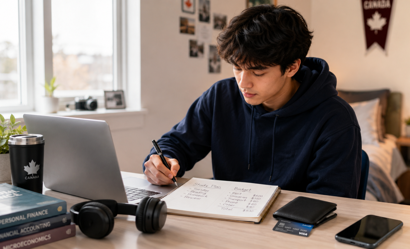 Student sitting at a laptop in a dorm room writing in a notebook with a study plan and budget, with a credit card, wallet, phone, headphones, and personal finance textbooks nearby, representing a student choosing a credit card in Canada