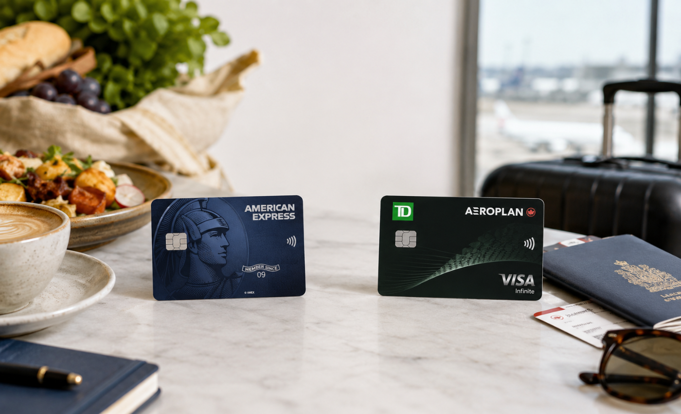 Side-by-side comparison of the American Express Cobalt Card and the TD Aeroplan Visa Infinite card on a marble table with a suitcase and boarding pass, representing the two rewards credit cards compared in this article