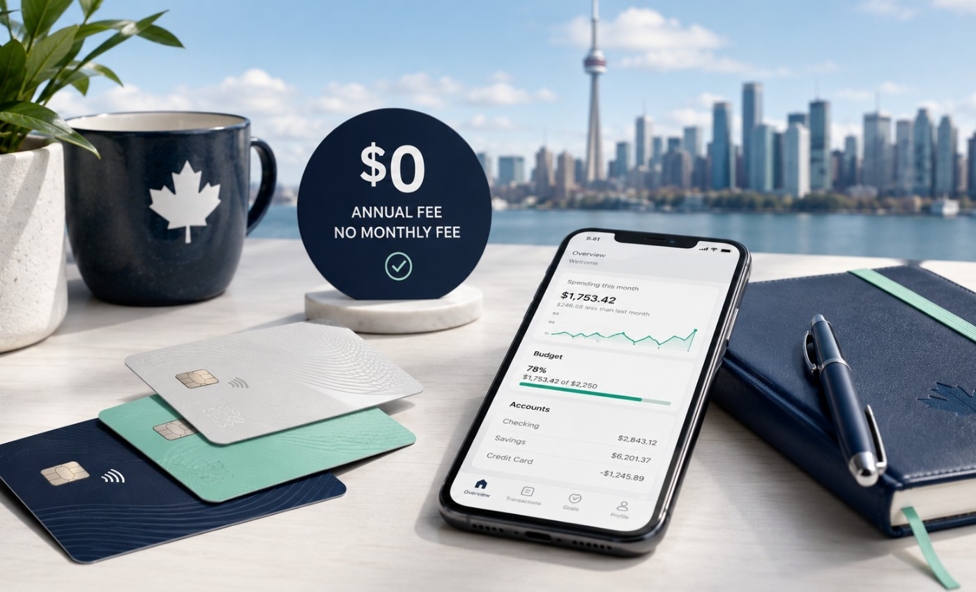 Best no fee credit cards in Canada fanned out on a desk with a $0 annual fee sign, a coffee mug, and a phone showing a budgeting app, with the Toronto skyline in the background