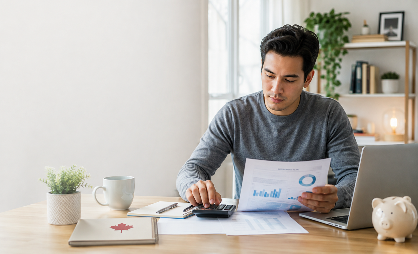 A man reviewing a retirement plan chart with a calculator and laptop at a home desk, representing retirement savings planning with an RRSP in Canada