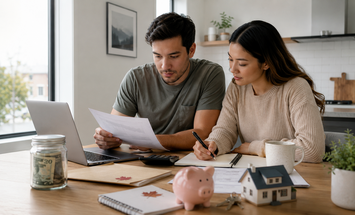 A couple reviewing financial paperwork together at their kitchen table with a laptop, calculator, a jar of savings, a piggy bank, and a small model house, representing the choice between a TFSA, RRSP, and FHSA in Canada