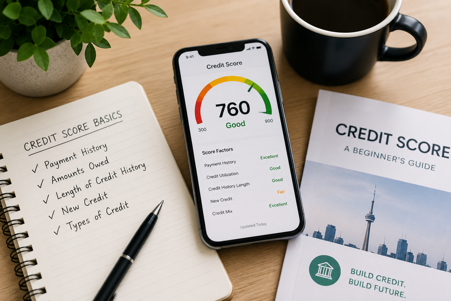 Phone showing a credit score app with a score of 760 (Good), next to a notebook with credit score basics notes, a pen, a coffee mug, and a 'Credit Score: A Beginner's Guide' booklet with the Toronto skyline