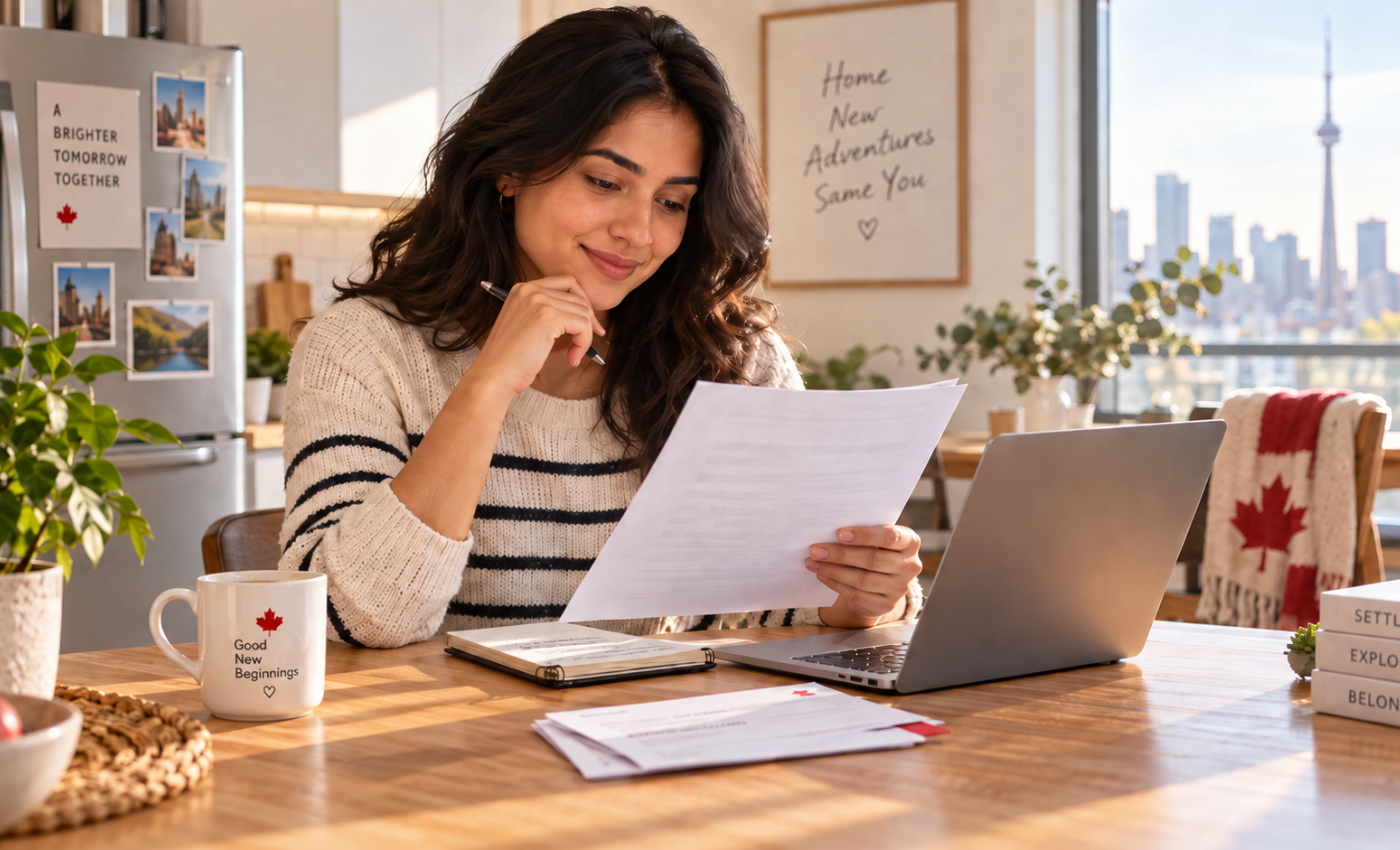 Woman sitting at her kitchen table reviewing paperwork and a laptop, with a "Good New Beginnings" mug, a Canada-themed fridge photo collage, a "Home, New Adventures, Same You" sign, and the Toronto skyline visible through the window, representing a newcomer applying for Scotiabank StartRight
