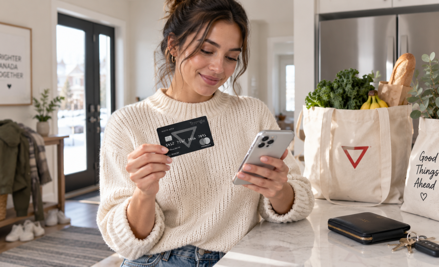 Woman holding a Triangle World Elite Mastercard in one hand and her phone in the other at a kitchen counter, with Canadian Tire tote bags of groceries beside her, representing applying for the card online
