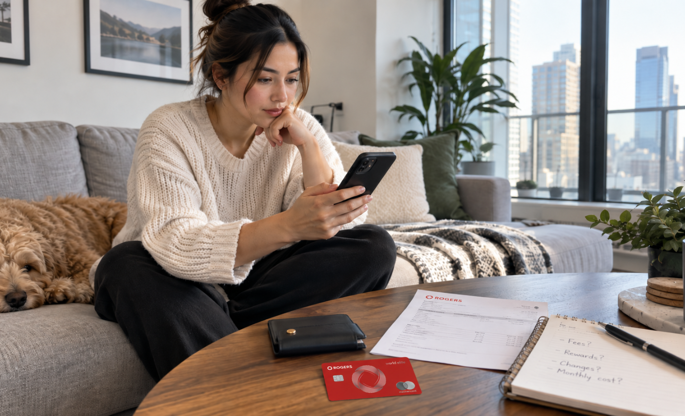 Woman on her couch checking her phone beside a Rogers bill, a red Rogers Red World Elite Mastercard and a notebook listing questions about fees, rewards and monthly cost, representing the Rogers Red Mastercard changes