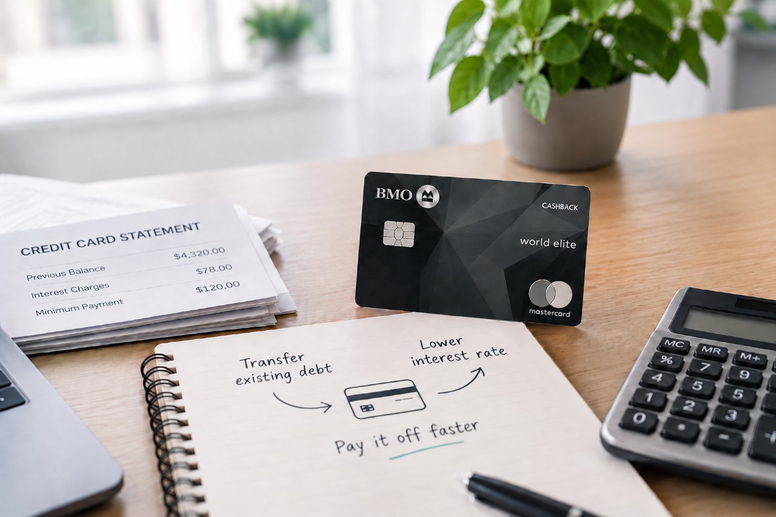 A BMO World Elite Mastercard next to a credit card statement showing interest charges, with a notebook diagram showing "transfer existing debt" leading to "lower interest rate" and "pay it off faster", plus a calculator, representing how a balance transfer credit card works