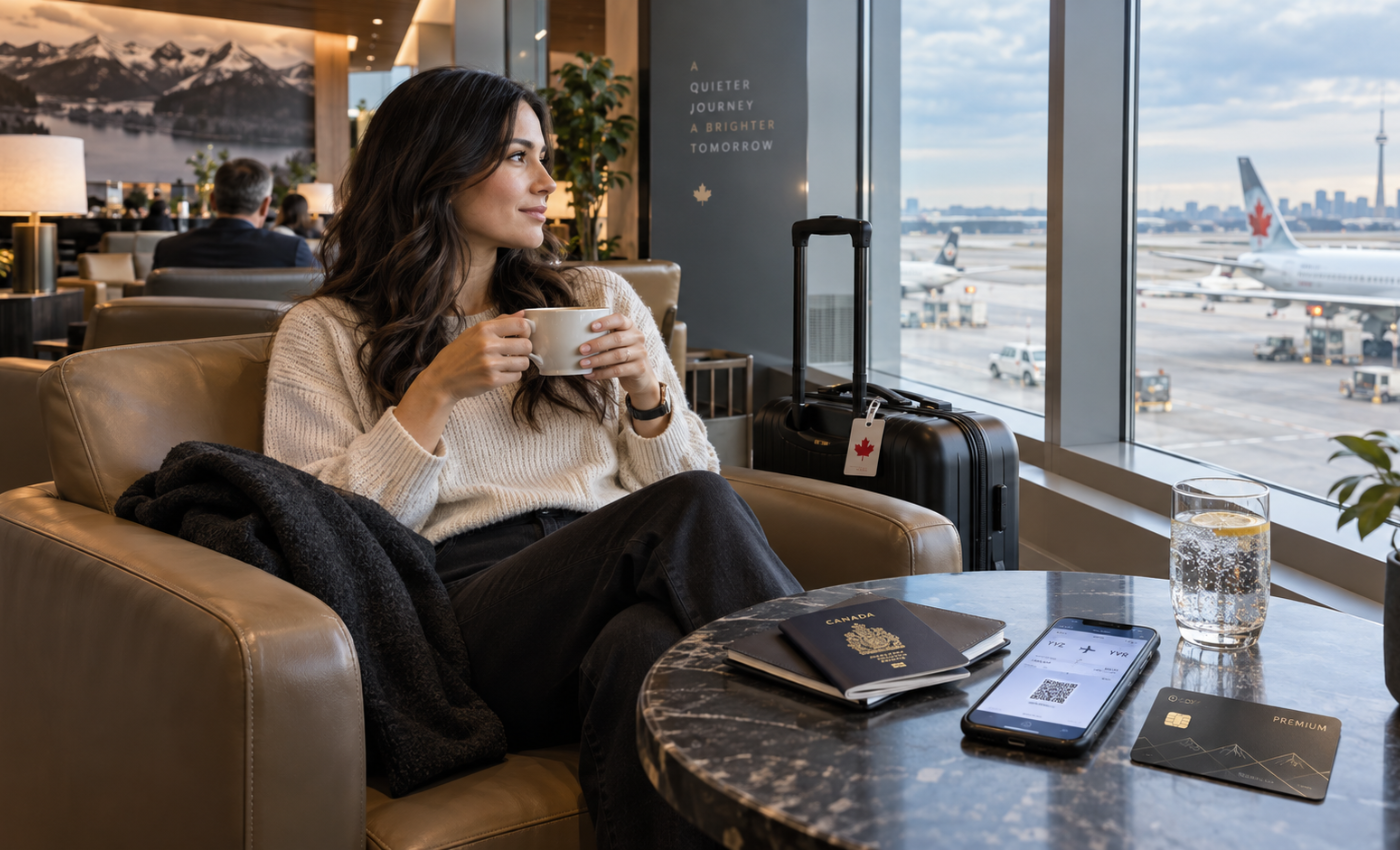 Traveller relaxing in an airport lounge with a coffee, passport and a premium card on the table, showing what credit cards with lounge access get you