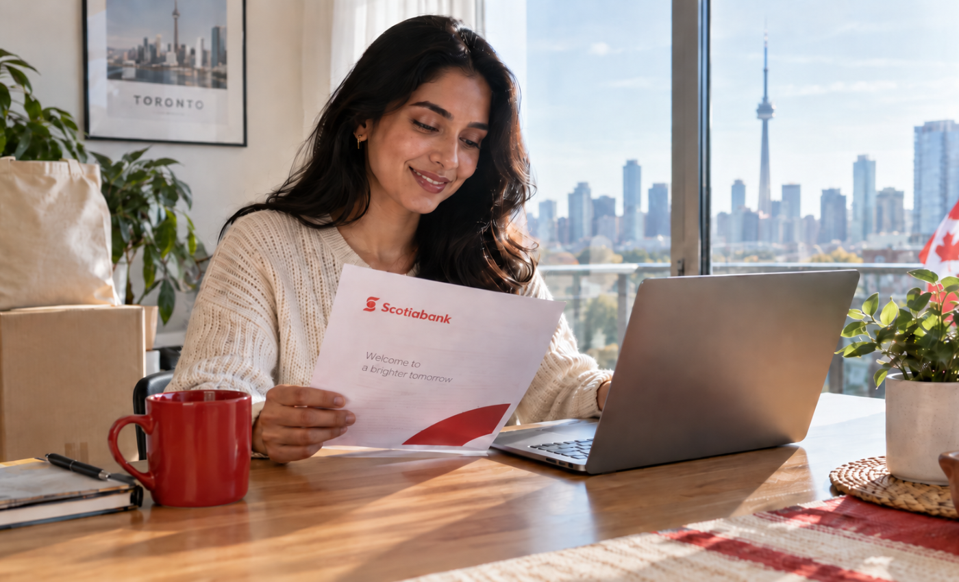 Newcomer to Canada reading a Scotiabank welcome letter at her laptop, weighing up what the Scotiabank StartRight offer is worth