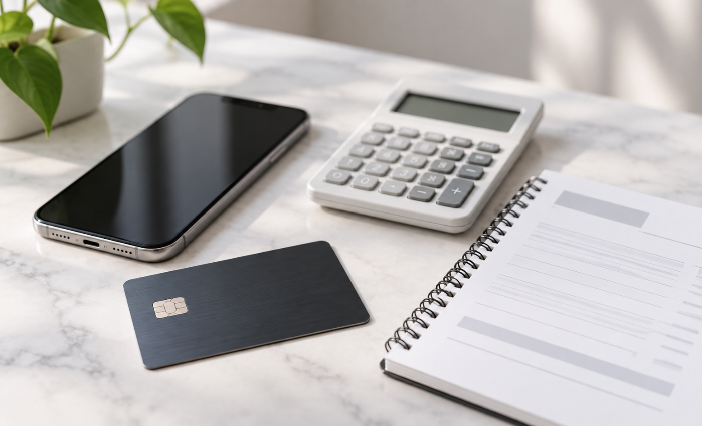 Credit card, calculator, phone and a statement on a kitchen counter, the setup used to avoid credit card interest by paying the statement balance in full
