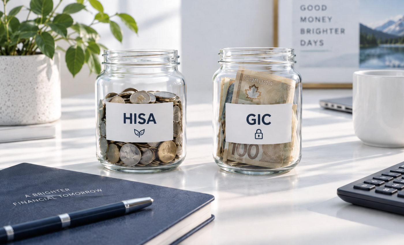 Two labelled savings jars illustrating the HISA vs GIC choice: coins in an open HISA jar, Canadian banknotes behind a padlock in the GIC jar