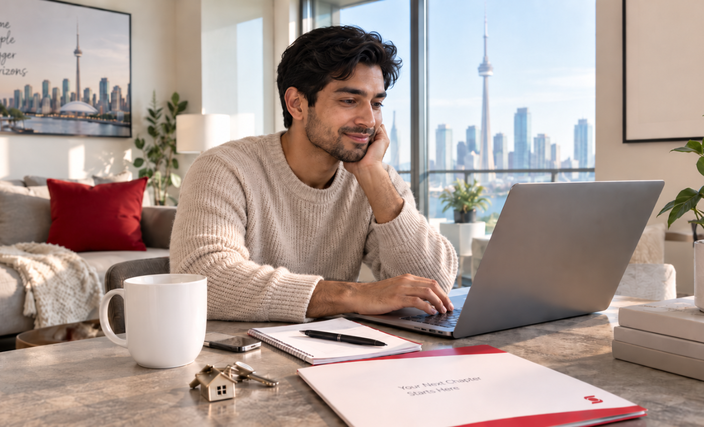 Newcomer at his laptop with house keys and a welcome folder beside him, looking into a Scotiabank StartRight mortgage to buy a home in Canada