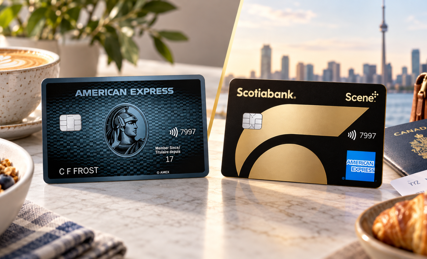Amex Cobalt and Scotiabank Gold cards side by side on marble, the Cobalt vs Scotiabank Gold comparison, Toronto skyline behind