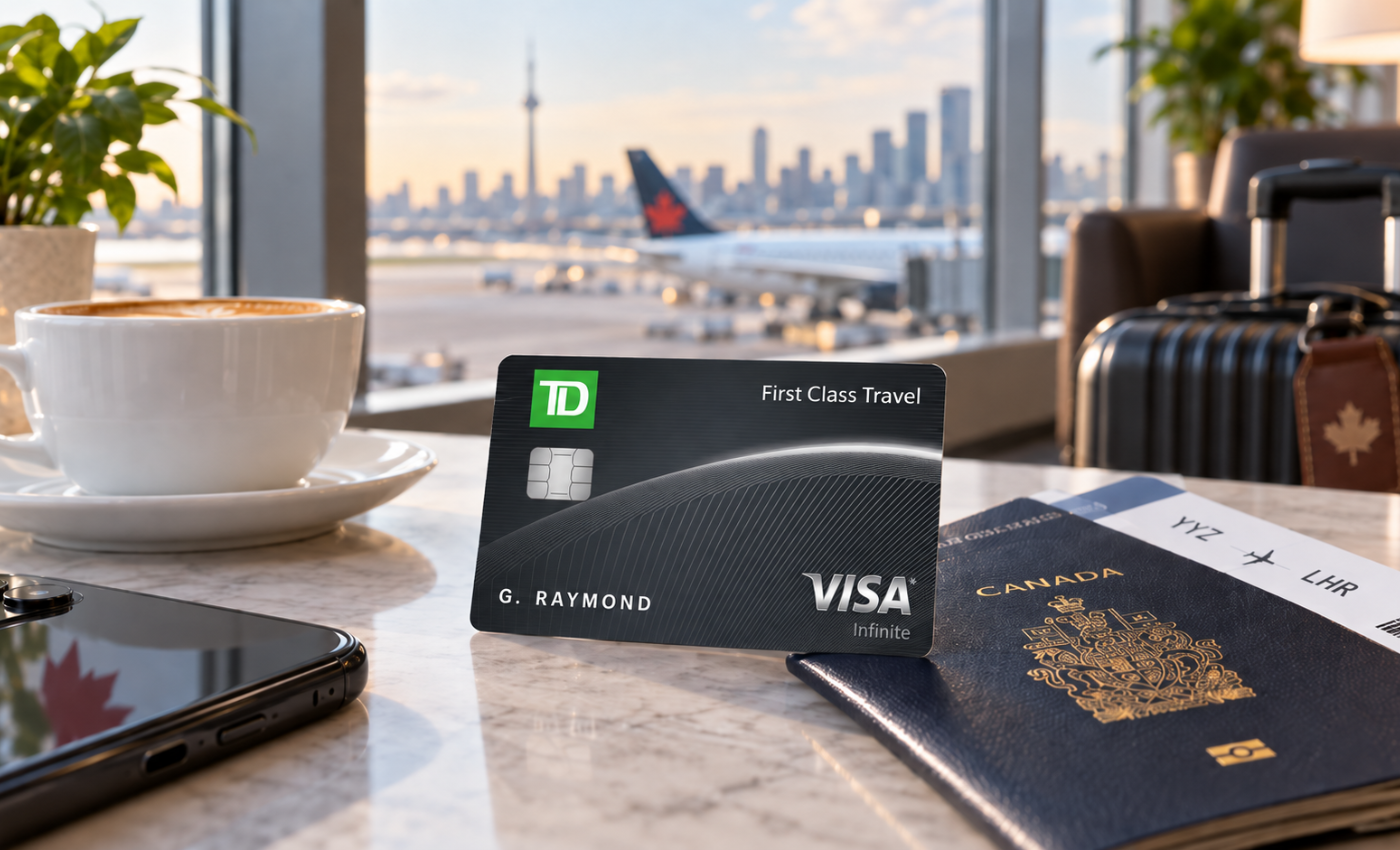 TD First Class Travel Visa Infinite card on an airport lounge table with a passport, boarding pass and coffee, Toronto skyline behind