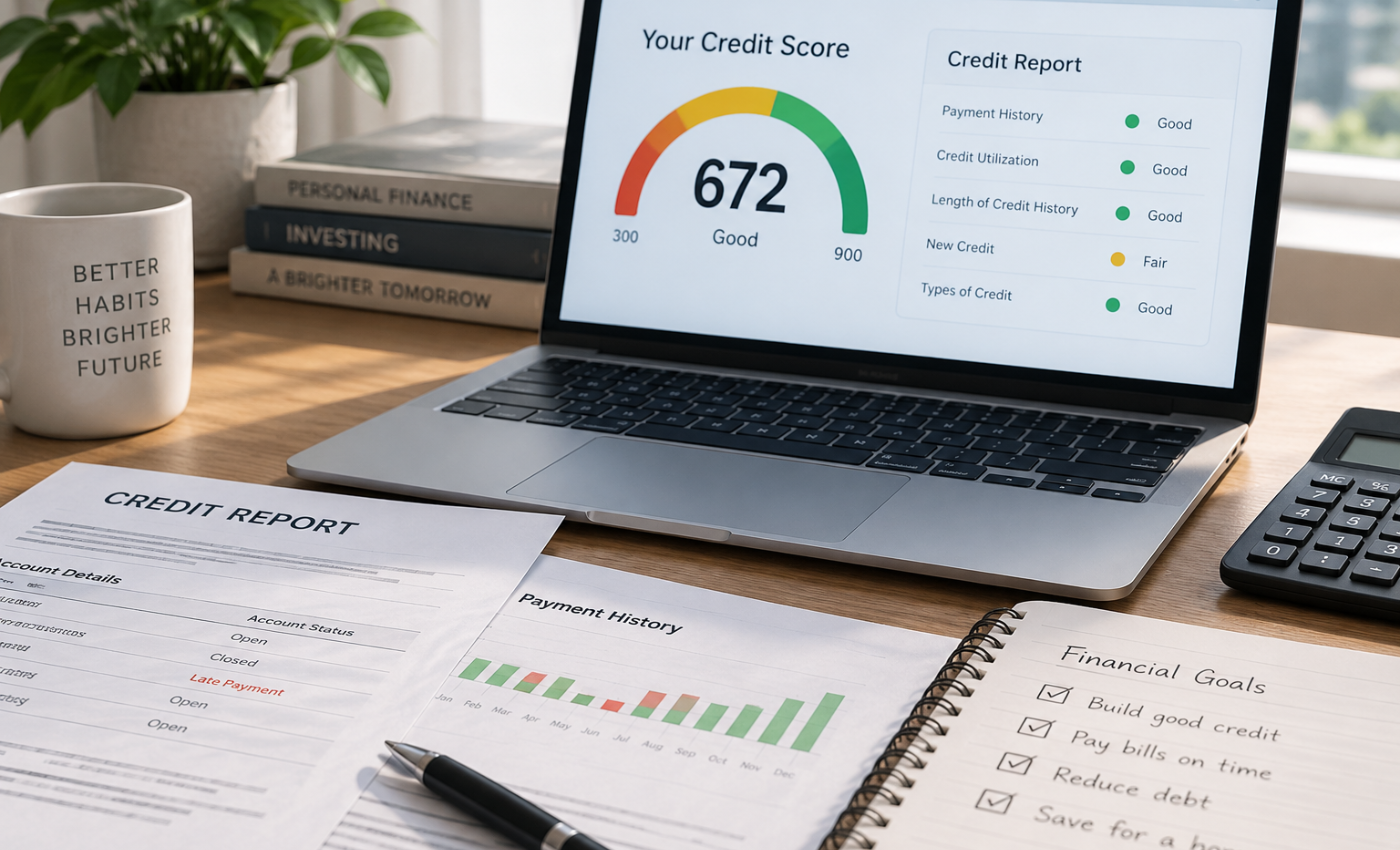 Credit report showing a late payment beside a laptop credit score gauge, showing how long bad credit stays on a Canadian report