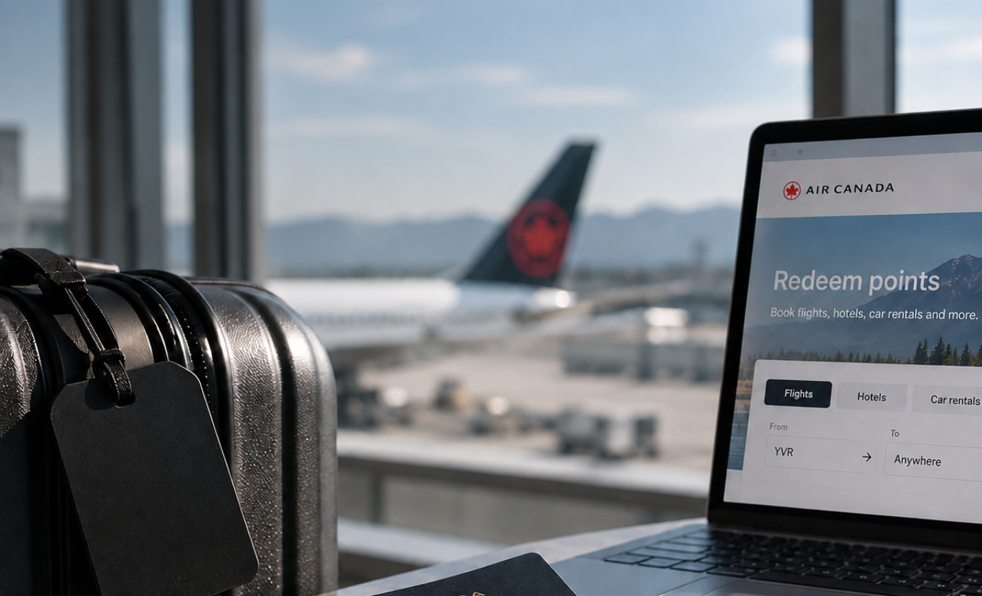 Laptop showing Air Canada redeem points search from YVR at an airport gate with an Air Canada tail behind, illustrating the Aeroplan devaluation