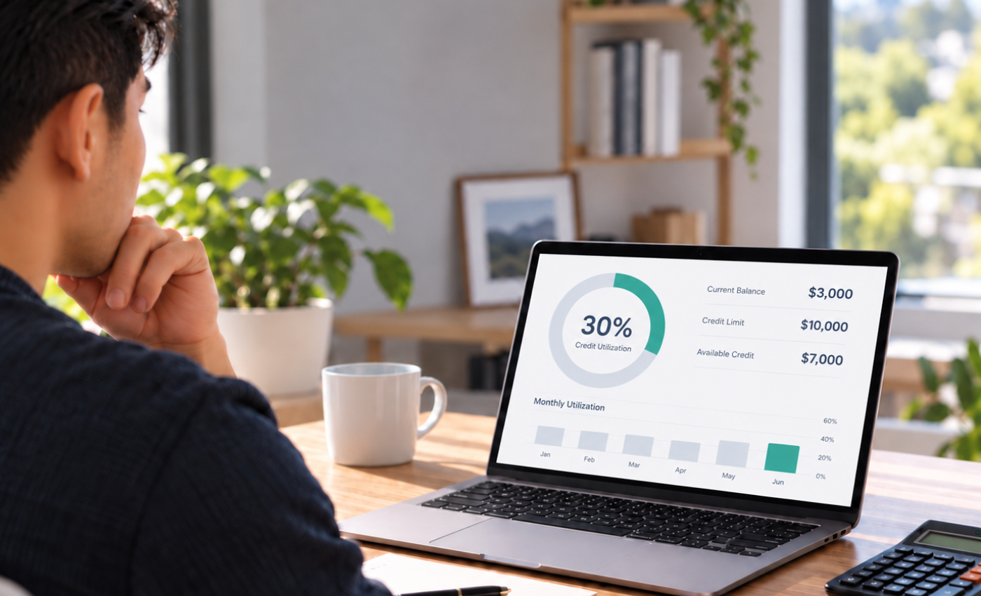 Man at his desk checking a laptop dashboard showing 30% credit utilization, a $3,000 balance on a $10,000 credit limit