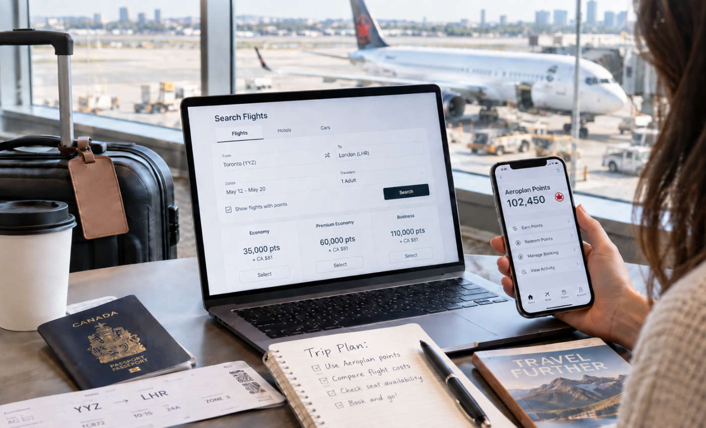 Traveller checking an Aeroplan points balance on a phone while searching Toronto to London flights with points, Air Canada plane at the gate
