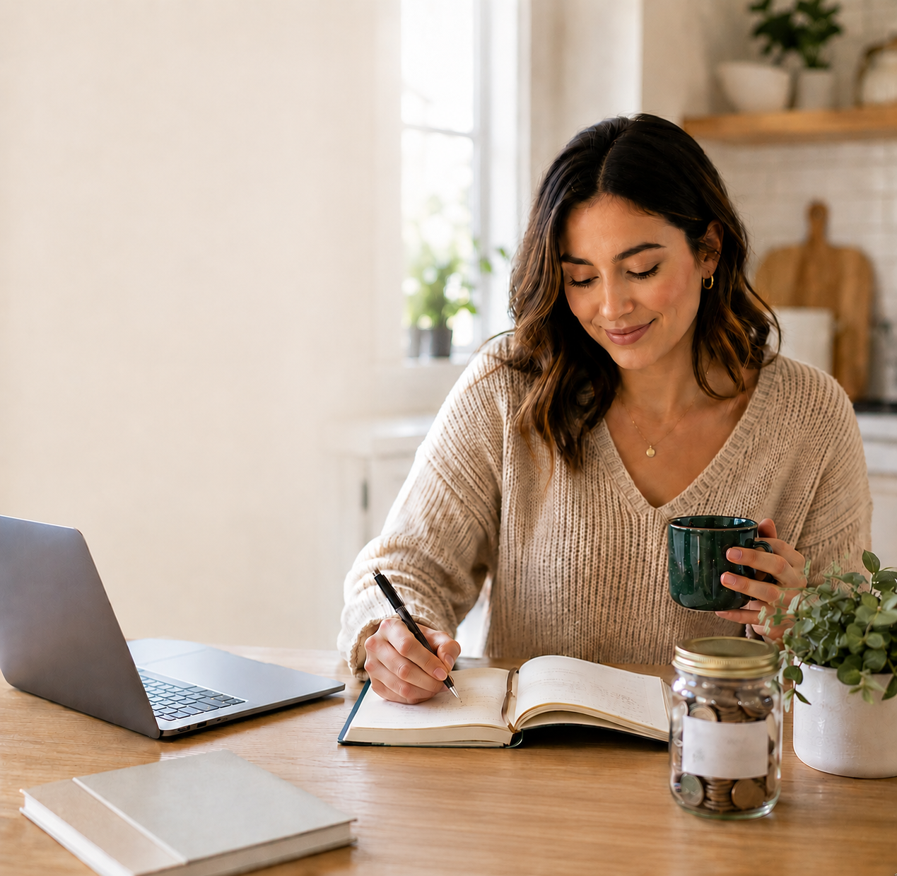 Woman at a kitchen table writing in a savings journal while holding a mug, with a laptop and a jar of coins nearby, representing tracking and comparing high-interest savings accounts in Canada